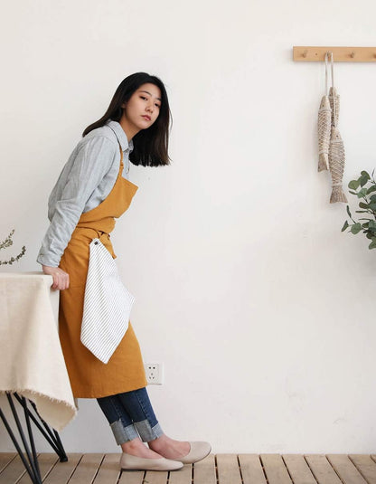 Adjustable Japan Nordic Style Soft Cotton Linen Apron with Four Pockets A Towel