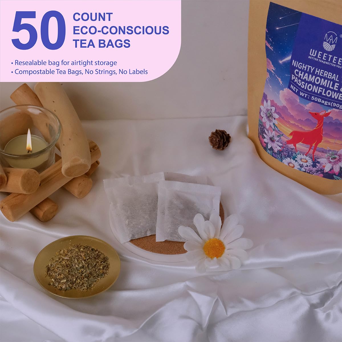 WT Weetee Chamomile & Passionflower Nighty Herbal Tea Bags 50 Counts, Includes Spearmint, Valerian Root, Lavender, Peppermint & More