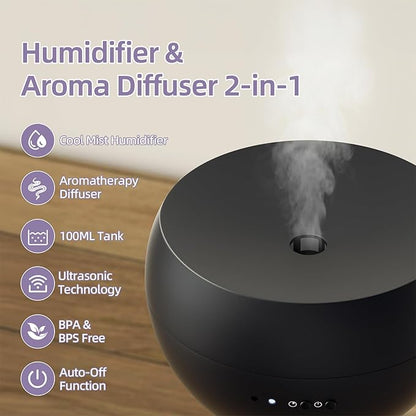 Essential Oil Diffuser, Small Ultrasonic Aromatherapy Diffuser with Auto-Off Function, Cool Mist Humidifier with 2 Modes, Fragrance Aroma Diffuser for Bedroom, Home Scent Diffuser 100ml (Black)