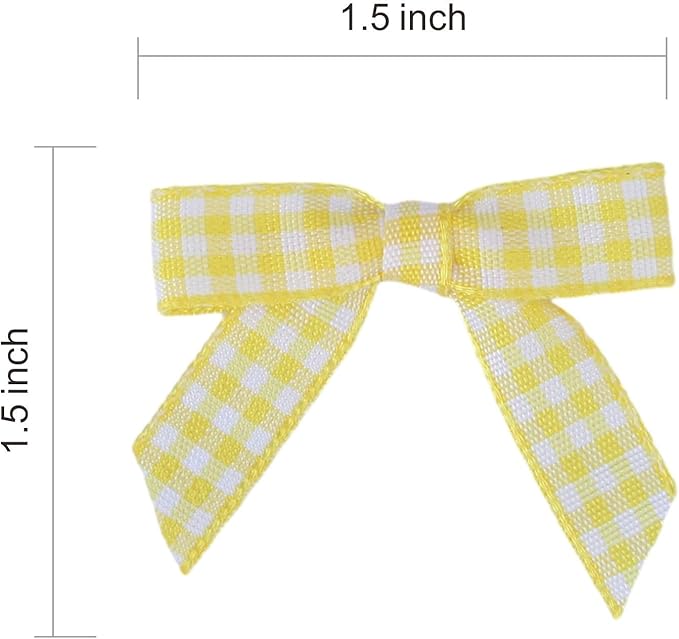 Meseey 100 Pcs 1.5 Inches Premade Gingham Craft Bows Self Adhesive Yellow and White Plaid Ribbon Bows for Treat Bags Gift Wrapping Basket Wedding Baby Shower Brithday Party (Yellow and White Plaid)