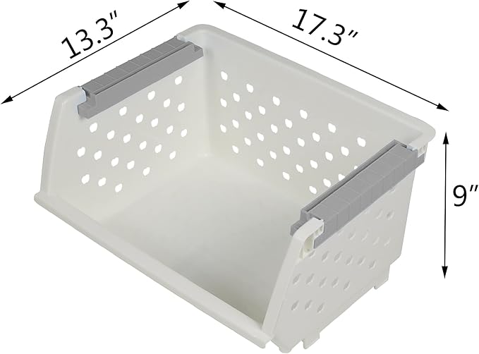 3-Pack Plastic Stackable Storage Basket, White Stacking Organizer Basket