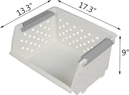 3-Pack Plastic Stackable Storage Basket, White Stacking Organizer Basket