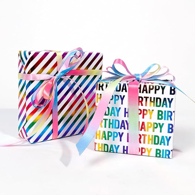 Birthday Wrapping Paper Iridescent Gift Wrapping Paper Mini Roll Baby Girl Shower Wrapping Paper, 3 Rolls Happy Birthday Polka Dots Stripes Printed Assortment - 17 inch x 120 inch(10feet) Per Roll