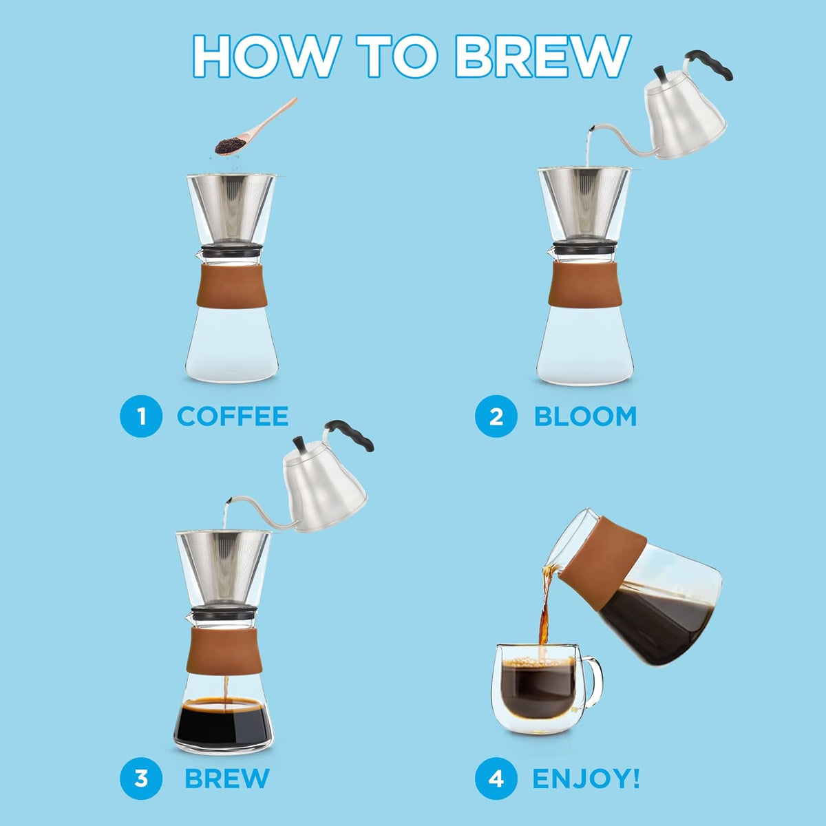 Grosche Amsterdam Glass Pour Over Coffee Maker - Single Cup Manual Dripper Brewer w/Removable Glass Top & Permanent Stainless Steel Filter