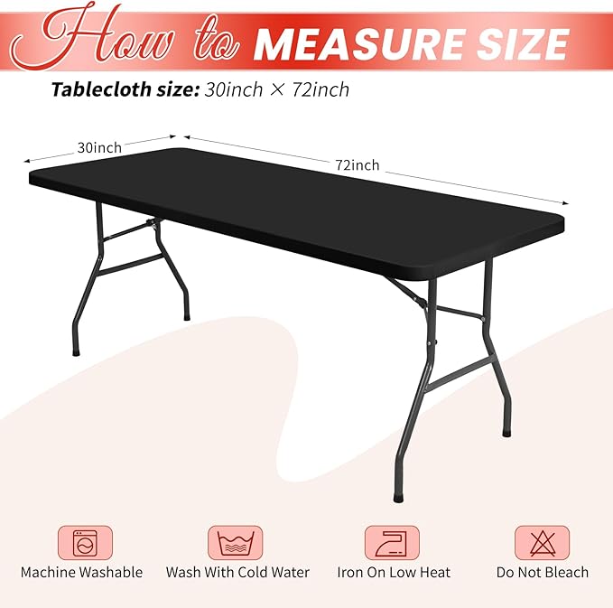 6 Pack Stretch Fabric Table Top Cap Cover, fits 6Ft Tables, Spandex Table Covers Washable Elastic Universal Rectangle Tablecloth Protector for Indoor Outdoor Party Picnic Wedding, Black, 30" W x 72" L