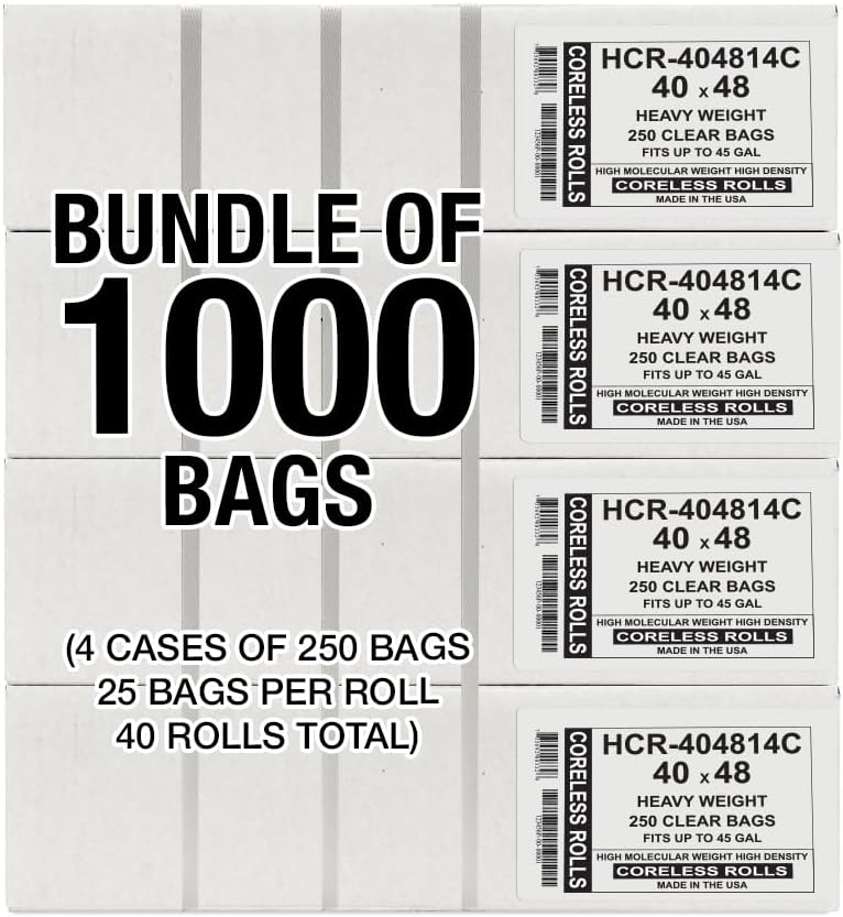 Aluf Plastics High Density Trash Bags, 45 Gallon, 1000 Count, 14 Micron (eq), 40" x 48", Clear, for Bathroom, Office, Industrial, Commercial, Janitorial, Municipal, Recycling