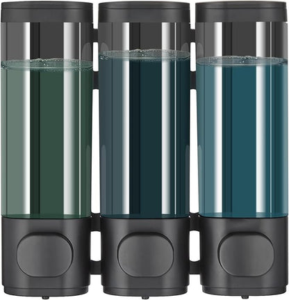 Pollock Shower Dispenser 3 Chamber No Drill Shampoo Conditioner Body Wash Dispenser for Bathroom, Large Capacity, Black