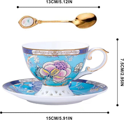 ACMLIFE Bone China Tea Cups, Tea Cup and Saucer Set for 1 Blue and White China Tea Cup 6.7oz Floral Vintage China Coffee Set for Women Party Gift Giving with Gold Trim and Gift Box