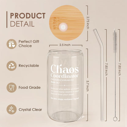 Chaos Coordinator 16oz Can Glass Tumbler with Bamboo Lid & Straw, Iced Coffee Cup for Female Coworker Friends Colleagues
