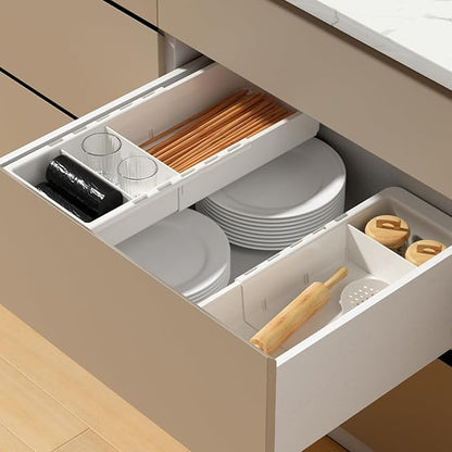 EooUooIP Sliding Drawer Tray with Adjustable Dividers, Expandable Kitchen Storage Organizer, Sliding Drawer Bin, Expandable Drawer Organizer, 2 PCS Drawer Organizer Trays For Utensils, Flatware, Junks