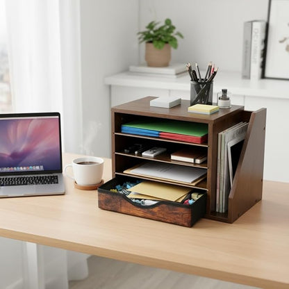 Wooden Desk Organizer with Drawers, Office Organizers, 4 Tier Desk Organizer and Accessories, Paper File Mail Organizer, Brown