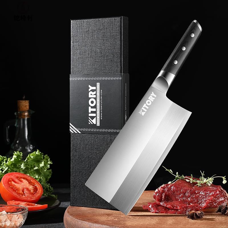 Kitory 7" Lightweight Meat Cleaver, Chinese Chef Knife for Slicing & Chopping (No Bones)- German High Carbon Steel - Ergonomic Pakkawood Handle