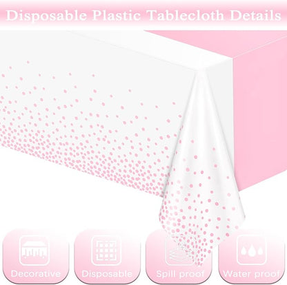 WNINK 2 Pack White and Light Pink Tablecloths, Light Pink Disposable Plastic Waterproof Table Cover, 54" x 108", for Birthday, Baby Shower，Wedding, Bridal Shower, Picnic Camping Parties