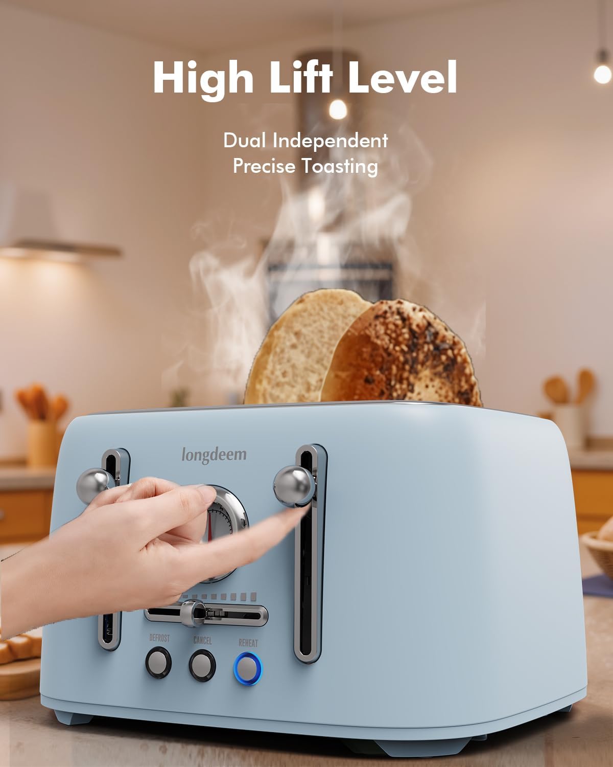 4-Slice Toaster with 1.6" Extra-Wide Slots, 6-Level Browning Control & Bagel/Defrost, Removable Crumb Tray, Auto Shutoff Stainless Steel Toaster Oven, Blue