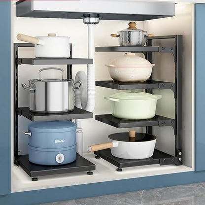 Pots and Pans Organizer for Cabinet Black Adjustable 3 Tier Pot Organizer Rack Under Sink or Floating Shelf Heavy Duty Kitchen Storage Organizers Pot Lid Organizer