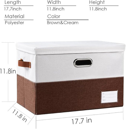 PRANDOM Foldable Storage Bins with Lids [3-Pack] Fabric Collapsible Storage Boxes Baskets Cubes Containers with Handles for Closet Living Room Bedroom (Brown & White 17.7x11.8x11.8'')