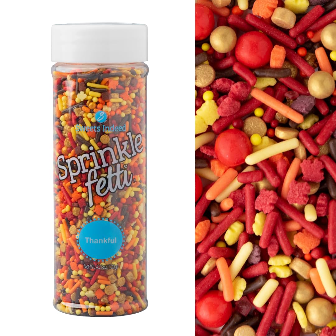 Sweets Indeed Thankful Fall Sprinklefetti Mix – 4 oz Jar, Autumn Sprinkles with Jimmies, Nonpareils, Leaf Quins & Sugar Pearls