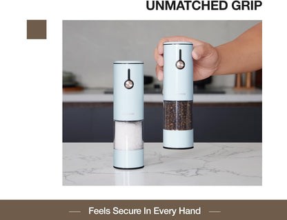 Electric Pepper Grinder and Salt Mill Set - Large Capacity USB Rechargeable Automatic Grinder with Dual LED Lights, One-Handed Operation & Slide Cover - Brushed Stainless Steel