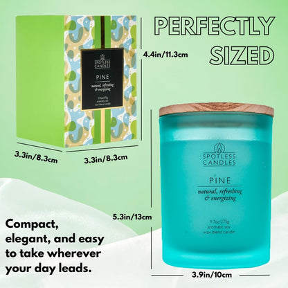 Pine Candle - 9.7 oz /275g 45-55 Hours Burn Time in Green Frosted Glass Jar with Wooden Lid and Wooden Crackling Wick in Luxurious Gift Box - Natural, Refreshing and Energising