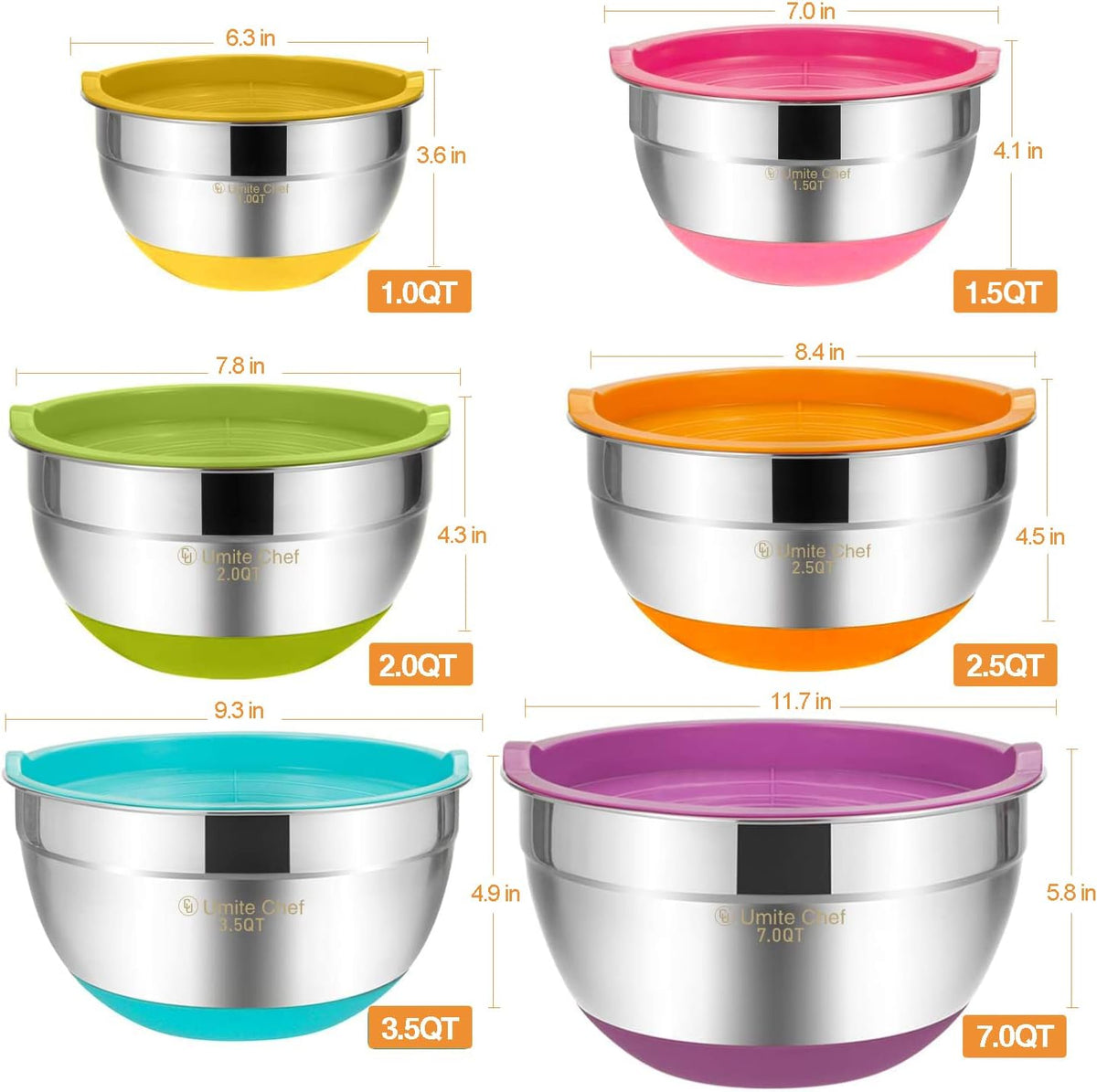 Umite Chef Mixing Bowls with Airtight Lids, 6 Piece Stainless Steel Metal Bowls, Measurement Marks & Colorful Non-Slip Bottoms Size 7, 3.5, 2.5, 2.0