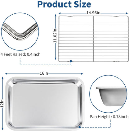 Baking Sheet with Rack Set of 4 (2 Pans + 2 Racks), 16 x 12 x 1 Inch Stainless Steel Cookie Pan with Cooling Rack, Non Toxic & Dishwasher Safe & Easy Clean for Baking, Cooling, Meats, Veggies