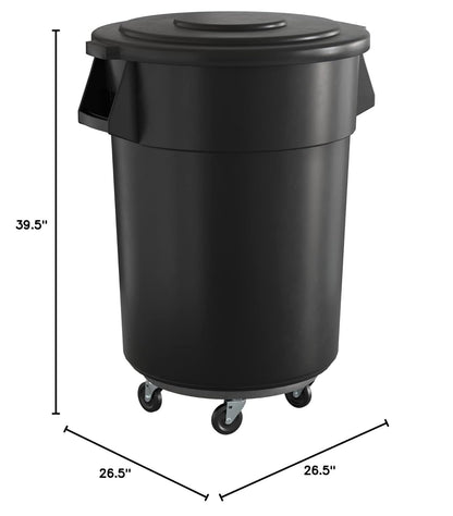 55 Gallon Black Round Commercial Trash Can with Lid and Dolly