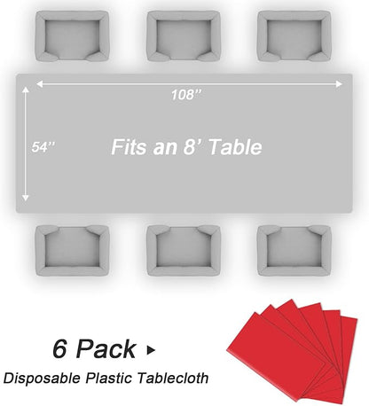 QIKSION Red Plastic Table Cloth Disposable 6 Pack, 54 x 108 Inch Tablecloths for Valentines, Mothers Day, Birthday Party, Christmas Decorations, Rectangle Table Cover