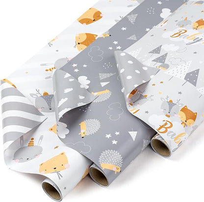 WRAPAHOLIC Reversible Baby Shower Wrapping Paper Roll - Mini Roll - 3 Rolls - 17 Inch x 120 Inch Per Roll - Cute Hedgehog, Animals & Baby Lettering Design for Neutral Baby Shower