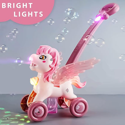 Pink Bubble Machine Blower Maker Lawn Mower Walking Toy Christmas Basket Stuffers Outdoor Summer Girls Kids Toddler 1st Birthday Best Gift for 1 2 3 Year Old Unique Cute Valentines Day Unicorn Gifts