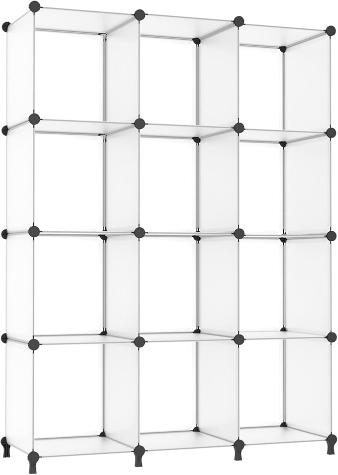 AWTATOS Cube Storage Organizer Storage 12 Cube Bookshelf DIY Plastic Closet Storage Shelves with Wooden Mallet, Ideal Storage Solution for Home, Bedroom, Translucent White