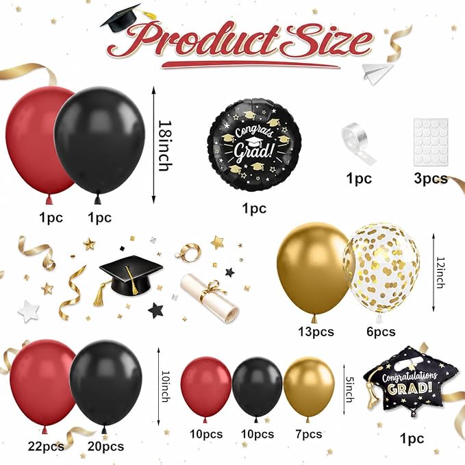 Graduation Balloon Arch Garland Kit, 2026 Graduation Party Decoration, Black Burgundy Gold Balloon with Congrats Grad Hat 2026 Balloons for College School Class of 2026 Congrats Party Supplies