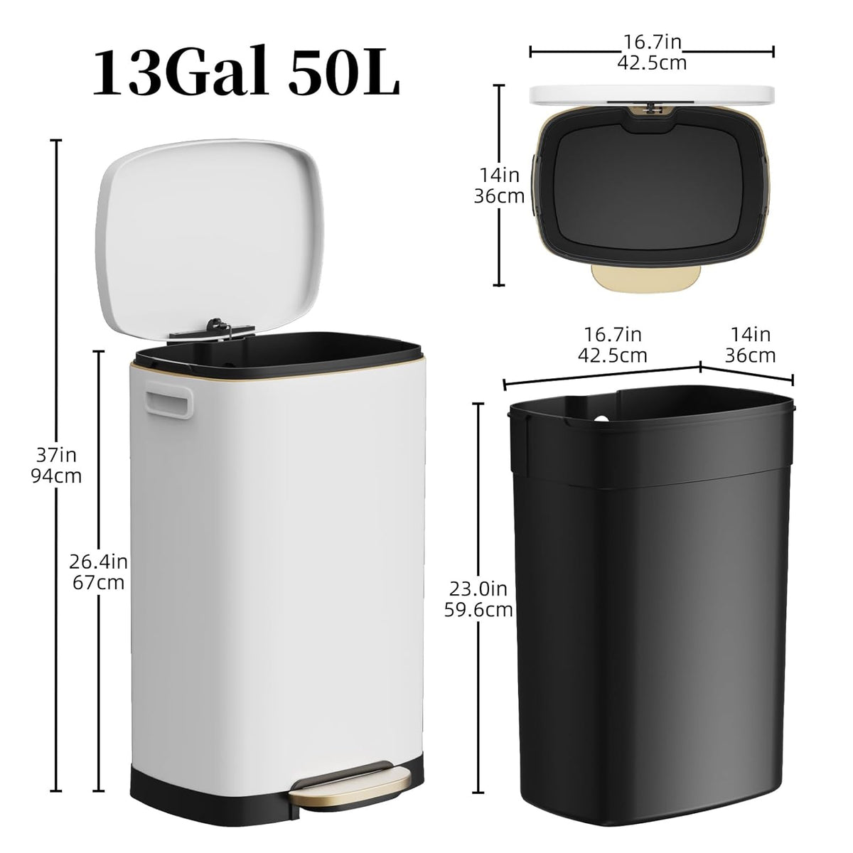 13 Gallon Trash Can with Lid, 50L Fingerprint Proof Stainless Steel Kitchen Trash Can with Removable Inner Bucket and Lid Soft Close, Pedal Rubbish Bin for Home Office, White