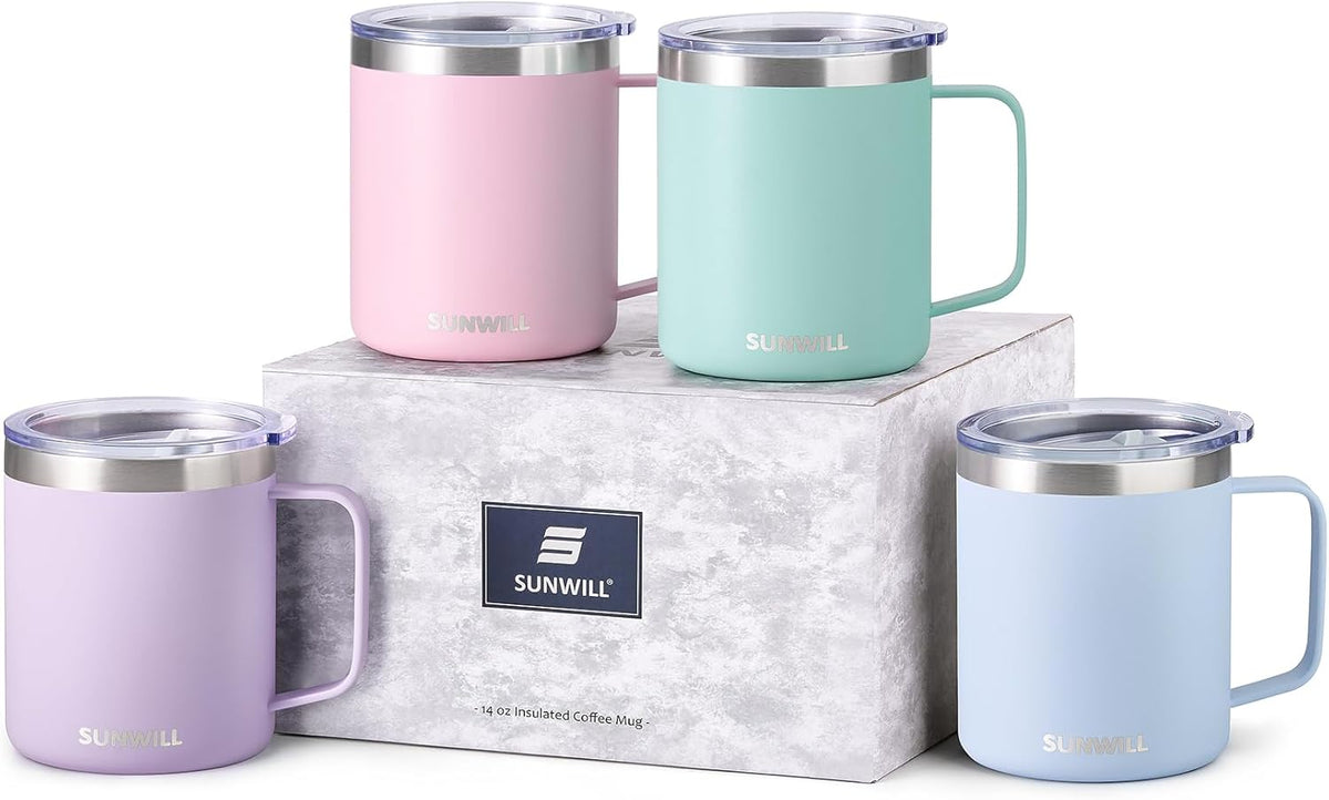Sunwill Travel Coffee Mugs Set of 4, Insulated Tumbler with Lid, 14 oz Stainless Steel Cup with Handle Bulk for Gift, Camping, Office