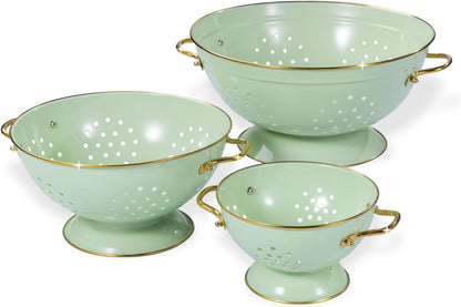 Metal Colander Set of 3, Strainer Basket with Handles perfect for Spaghetti, Pasta, Berry, Vegetable, Fruit, Solid Base Powder Coated Kitchen Essential Strainer Set, 1 & 3.5 & 5 Qt (Green)