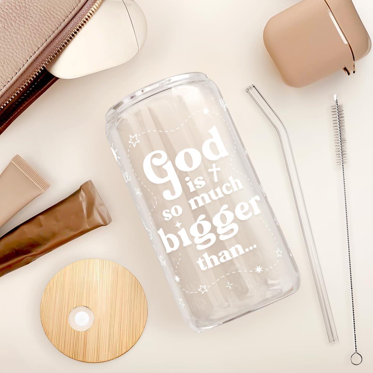 Christian Inspiration16oz Can Glass Tumbler with Bamboo Lid & Straw, Inspirarional Iced Coffee Cup for Women Girls