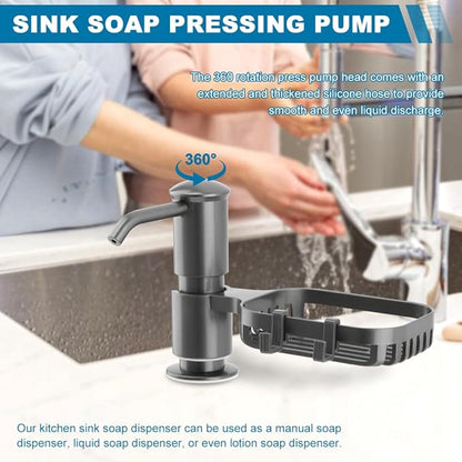Soap Dispenser for Kitchen Sink, Built in Soap Dispenser Pump with Sponge Holder,Under Counter Brushed Nickel ABS Pump Head with 40" Extension Tube Kit(Dark Grey)