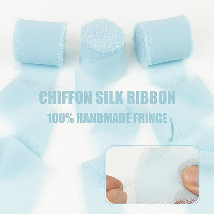 Baby Blue Chiffon Silk Ribbon - 1-1/2 Inch x 21 Yards, Frayed, Light Blue, Boho Style for Gift Wrapping, Wedding Invitation, Bridal Flower Bouquets