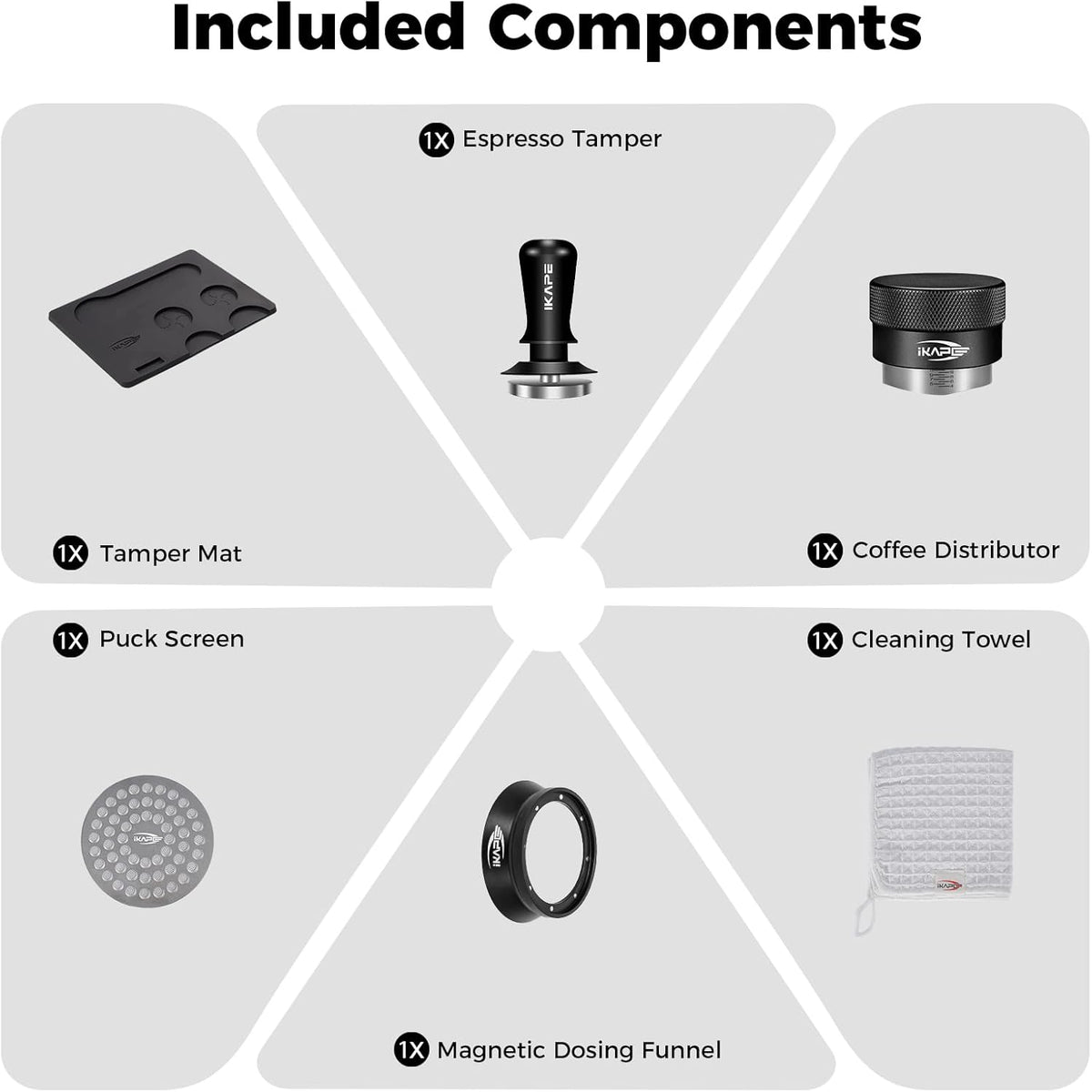 IKAPE 58MM Espresso Tamper Kit Black 6 IN 1, Coffee Tamper Set Including Tamper, Distributor, Magnetic Dosing Funnel, Silicone Mat, Puck Screen, and Cleaning Towel