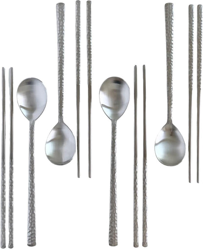 Korean Made Silver Glossy Hammered Stainless Steel Korean Spoon & Chopstick SET Gift for Mom (4SET)