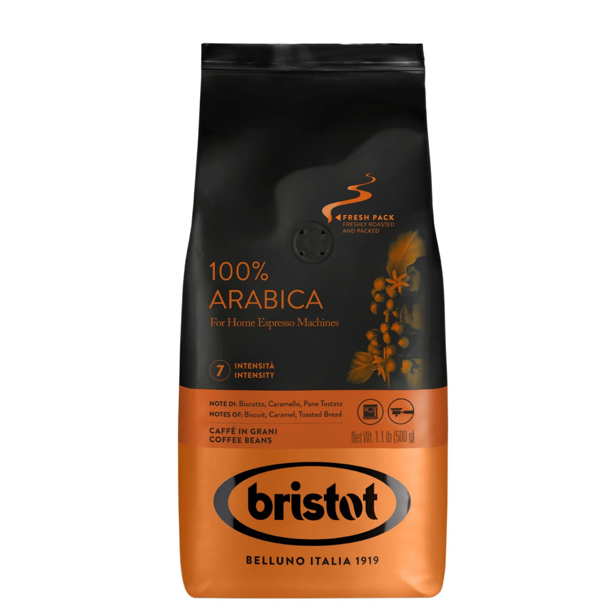 Bristot 100% Arabica Espresso Beans, Italian Espresso Beans, Medium Roast, 1.1lb/500g