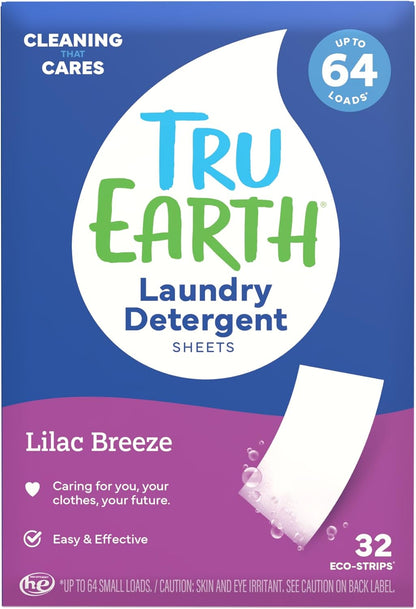 Tru Earth Compact Dry Laundry Detergent - Up to 64 Loads (32 Sheets) - Paraben-Free - Original Eco-Strip Liquidless Detergent, Travel Sheets - Lilac Breeze | Packaging May Vary