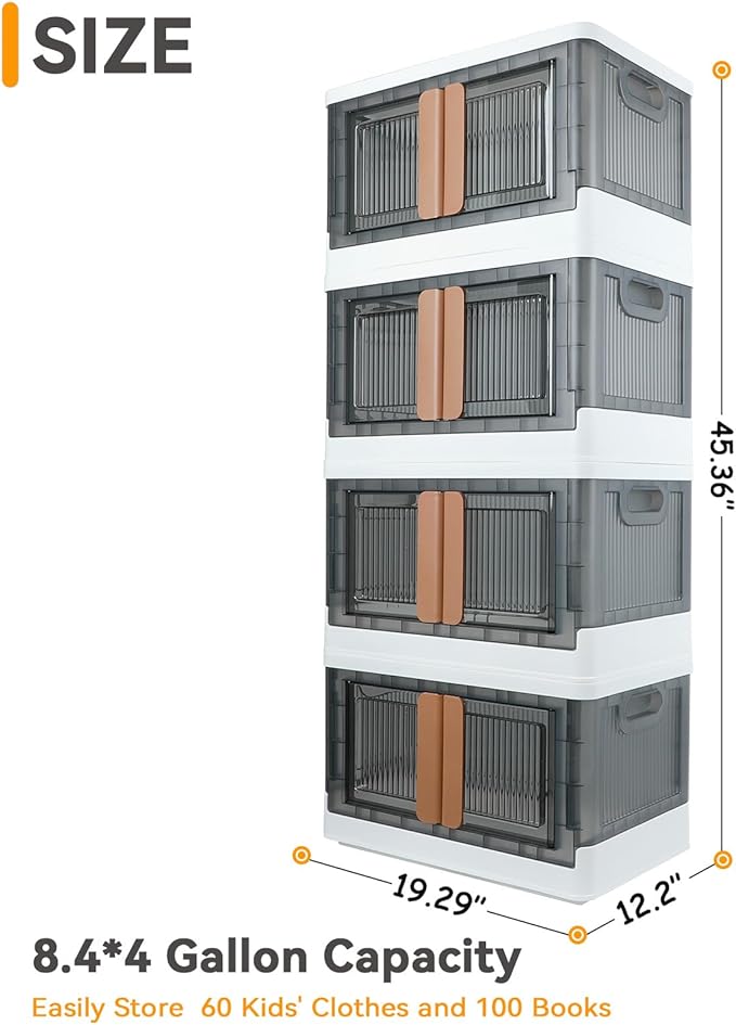 Storage Bins, Plastic Cabinet, 8.4 Gallon Capacity (32L Per One), 4 Pack, Stackable Collapsible Drawer, with Door and Buckle, Organizer for Home and Office, Transparent