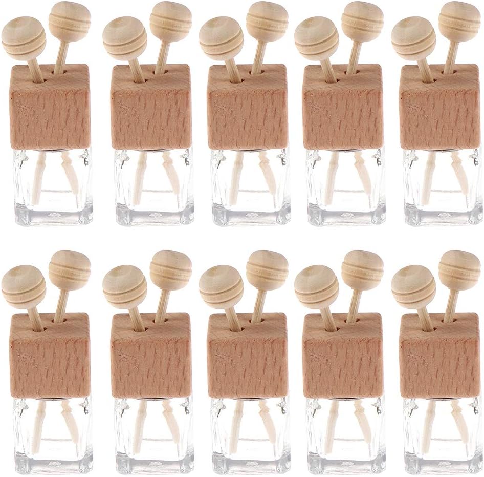 10 Pack,8ml Clear Glass Car Air Freshener Perfume Clip Diffuser,Empty Essential Oil Perfume Vials Diffuser Vent Outlet,Thick Glass Ornament With Wooden Caps,FREE Funnel,Dropper