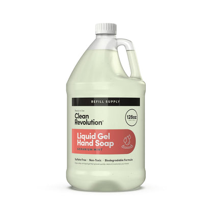Clean Revolution Liquid Gel Hand Soap, Silky Rich Liquid, Quick Lather, Fast Rinsing, Contains Real Essential Oils (Geranium Mint) 128 Fl Oz