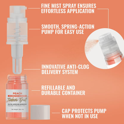Bakell - Peach Tinker Dust (4g, 1x Mini Spray Pump) Edible Glitter for Food, Desserts, and Beverages!