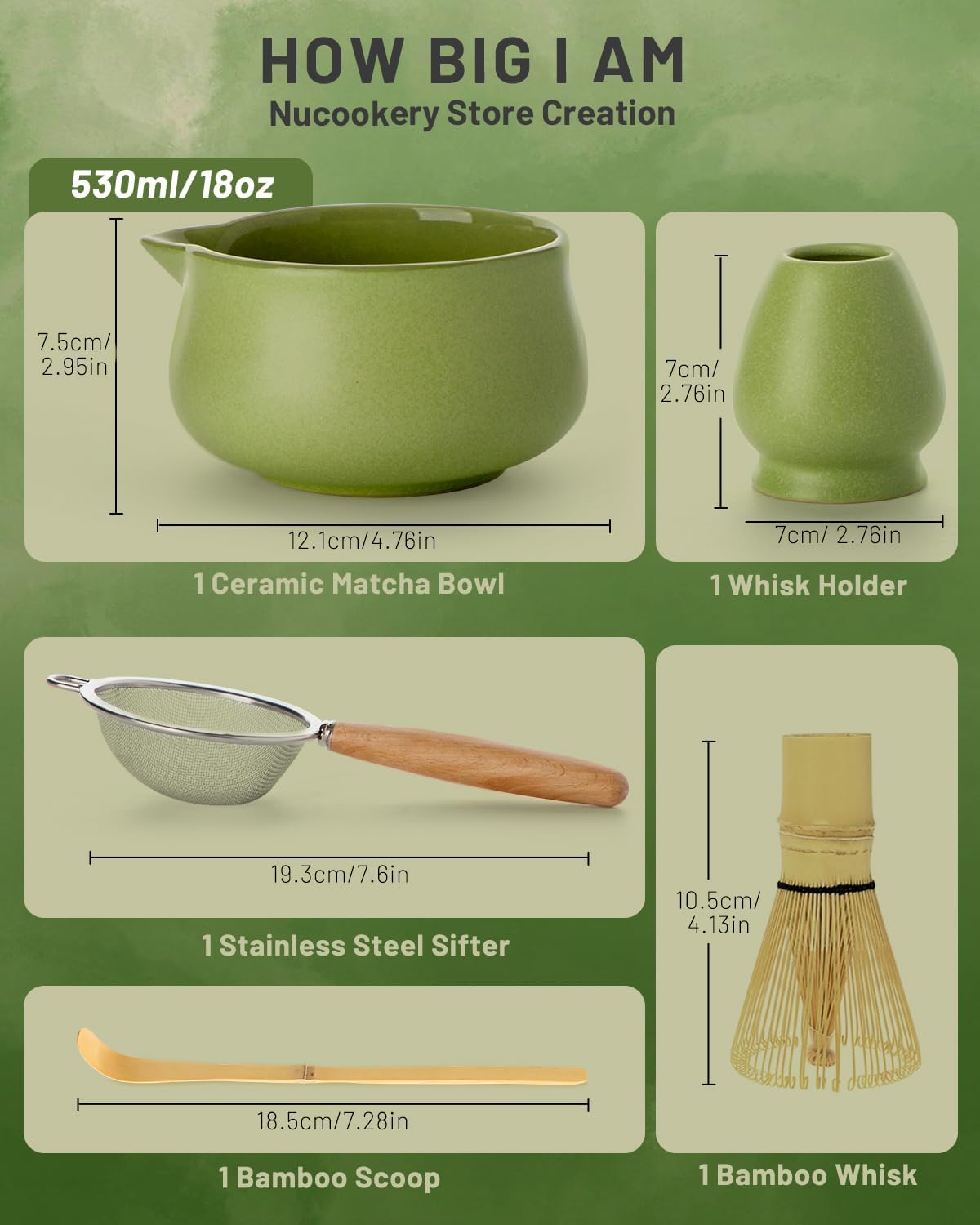 Nucookery Matcha Set - 6 PCS Matcha Whisk Set, 18OZ Matcha Bowl (Chawan) with Spout, Matcha Whisk (Chasen) and Holder, Bamboo Matcha Scoop and Sifter, Matcha Kit/Tools/Accessories for Tea Ceremony