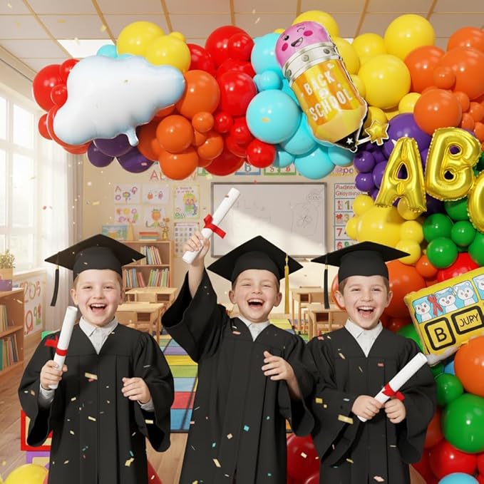 Rainbow Balloon Arch Garland Kit 173Pcs, Back to School Balloon with School Bus Pencil ABC Mushroom Cloud Foil Balloons for Watermelon Birthday Back to School Kindergarten Graduation Decor