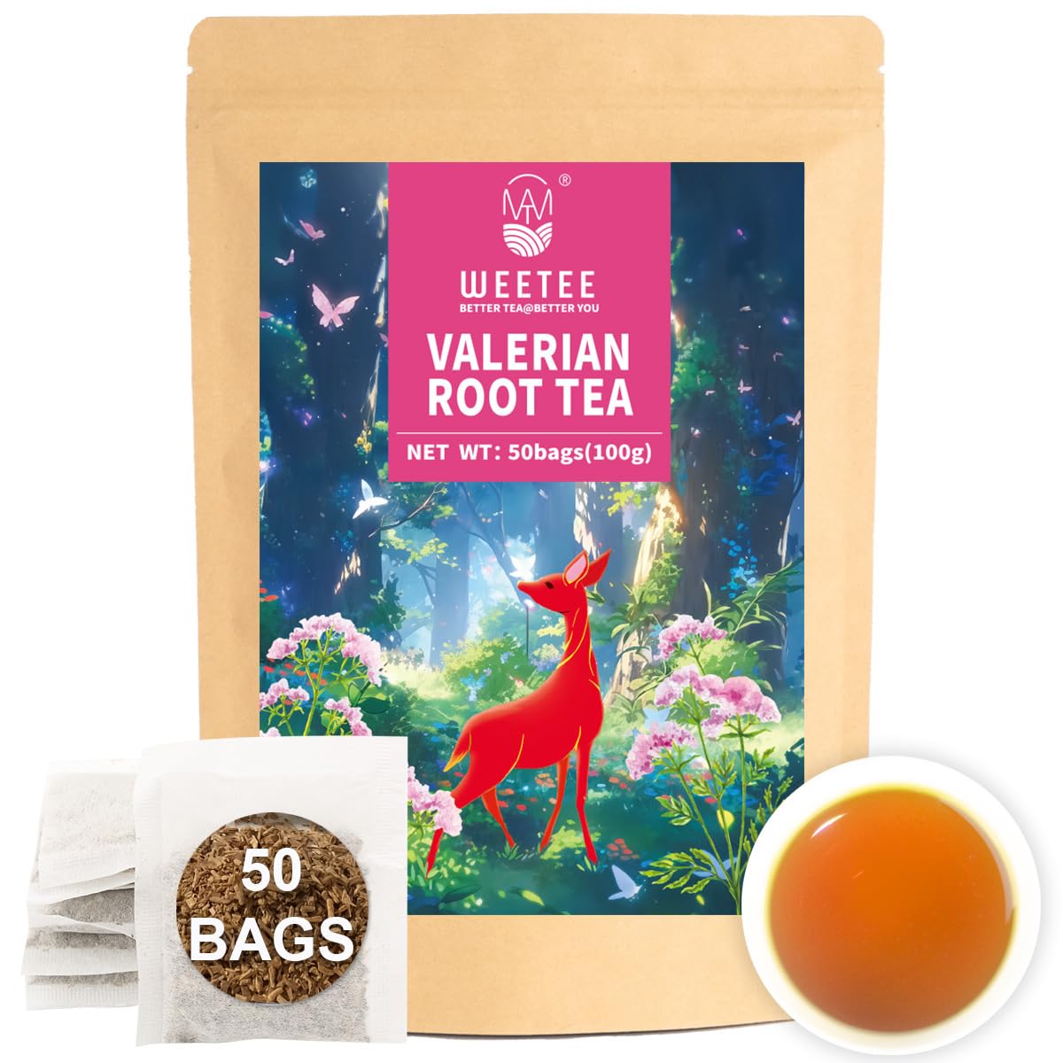 WT Weetee Valerian Root Tea Bags, Made with Pure Valerian Root (Valeriana), 50 Count Earthy/Woody Herbal Tea Bags, Naturally Caffeine-free