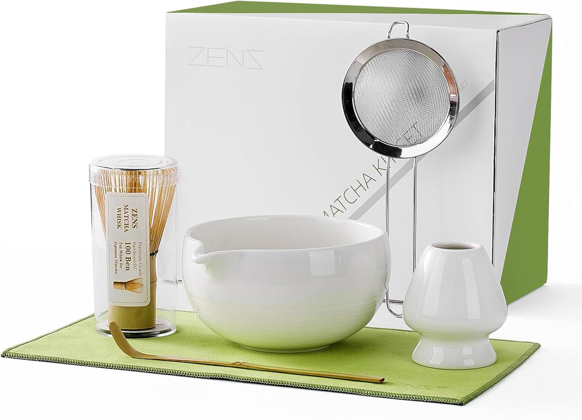 Zens Matcha Whisk Set, 6pcs Matcha Kit Set Includes Ceramic Bowl and Bamboo Whisk & (Chasen Holder), Sifter, Scoop -Tea Towel