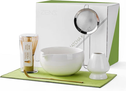 Zens Matcha Whisk Set, 6pcs Matcha Kit Set Includes Ceramic Bowl and Bamboo Whisk & (Chasen Holder), Sifter, Scoop -Tea Towel